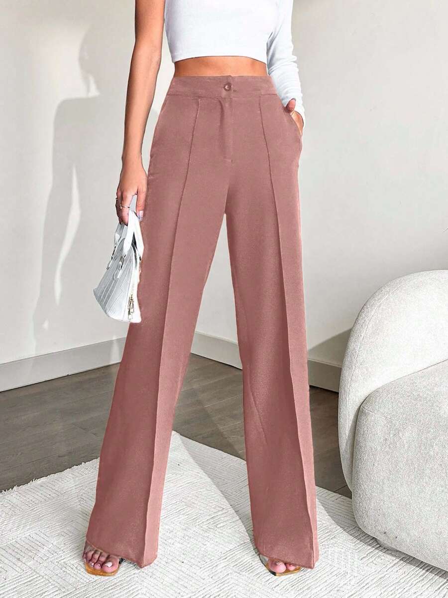 EURMUSE Women's Casual Workwear Commute Daily Simple Solid Color Slant Pocket Seam Front Suit Pants - Dusty Pink - View 1