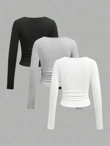 SHEIN EZwear Set de 3 camisetas de manga larga con cuello redondo y fruncido de unicolor casual para mujer, otoño/invierno