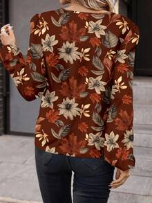 SHEIN Clasi 复古花卉V领长袖女式衬衫，适合秋冬季 - 彩色 - 查看 2