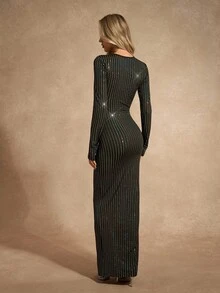Almamuse Women's Sexy Sequin Party Dress, Hollow Out Lace-Up Bodycon Maxi Dress - Black - View 2