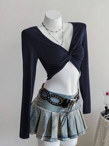SHEIN Unity Áo crop top tay dài màu trơn đơn giản, xoắn phía trước dành cho nữ - Màu xanh hải quân - Xem 4