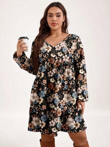 EMERY ROSE 秋季服装，复古花卉图案，灯笼袖，荷叶边下摆，罩衫裙，秋季女装，秋季婚礼宾客礼服，感恩节服装，节日服装，节日派对礼服 - 彩色 - 查看 3