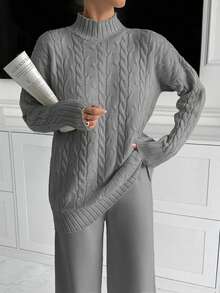 Women High Neck Sweater And Maxi Sweater Skirt 2 Two Pieces Set Co-Ords