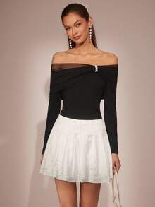 Enchnt Maglia a maniche lunghe da donna in maglia aderente, con decorazione in perle, patch in rete, scollo a spalle scoperte, adatta per feste, appuntamenti, vacanze, laurea, uscite, Ognissanti, Natale, autunno, Capodanno