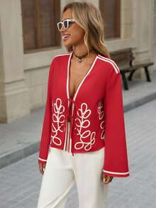 Brillora 女士休闲条纹印花开襟系腰衬衫，适合外出度假，秋冬季 - 紅色 - 查看 3