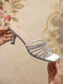 CUCCOO TILAWA 女士时尚方头全水钻高跟凉鞋，适合派对场合 - 銀色 - 查看 6