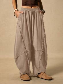 Easelle 女士休闲斜插口袋毛边裤筒裤宽松裤肥大服纱布服装 - 駝色 - 查看 8