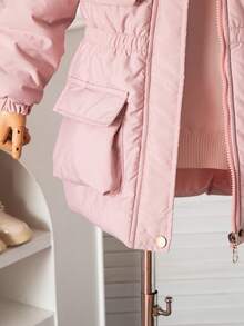 SHEIN Young Girls Autumn/Winter New Stylish Versatile Thickened Padded Coat, Hooded With Faux Fur Collar, Zipper, Pockets, Waist Cinched, Padded Coat - Pink - View 6