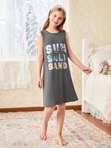 女童字母印花吊带睡衣 - 深灰色 - 查看 3