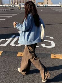 DAZY 女式休闲翻领条纹拼接牛仔夹克，秋季 - 藍色 - 查看 2