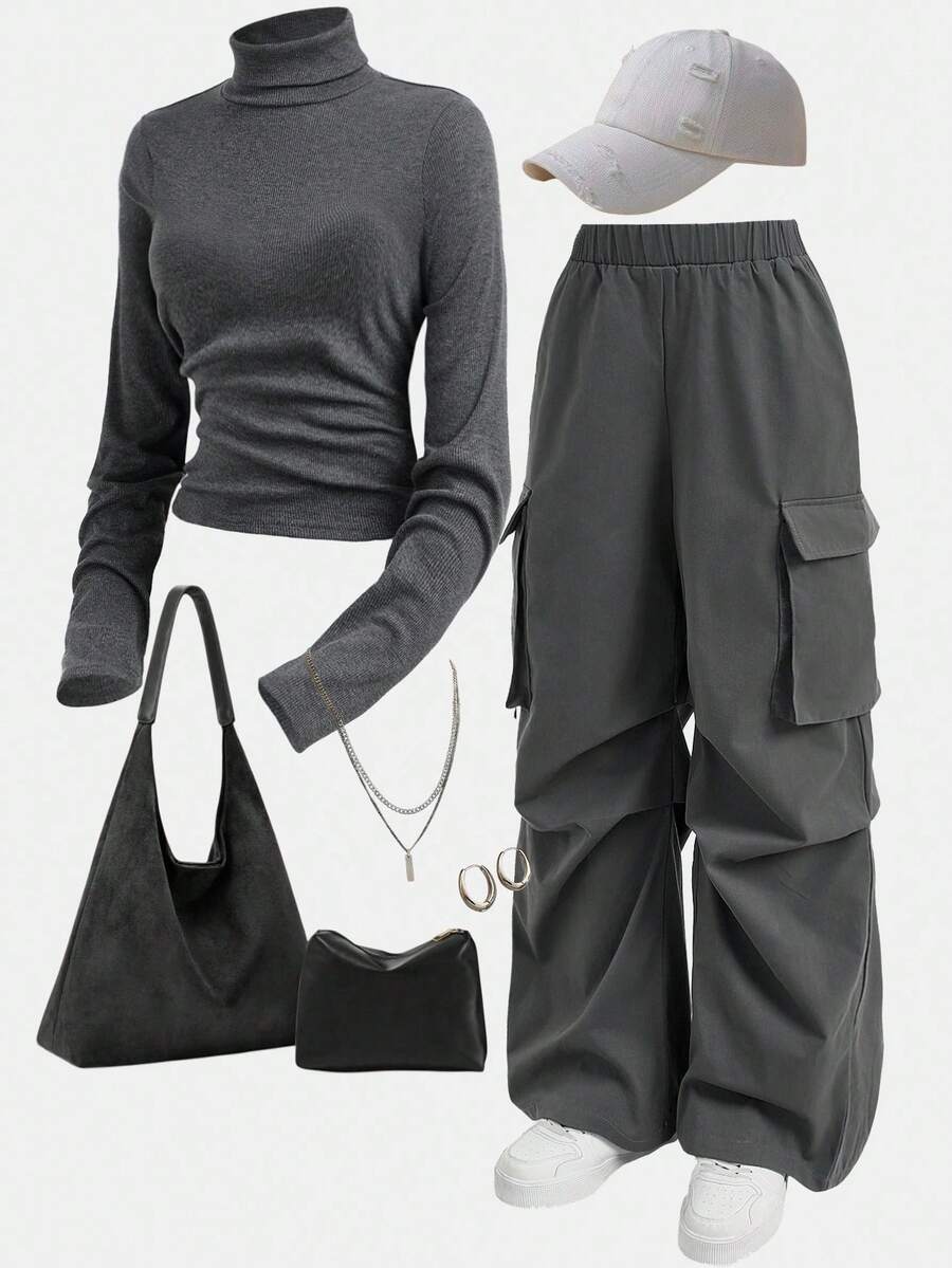 Girlism Tween Girls Grey Knit Pullover Sweater And Cargo Pants Set Fall Winter - Dark Grey - View 1
