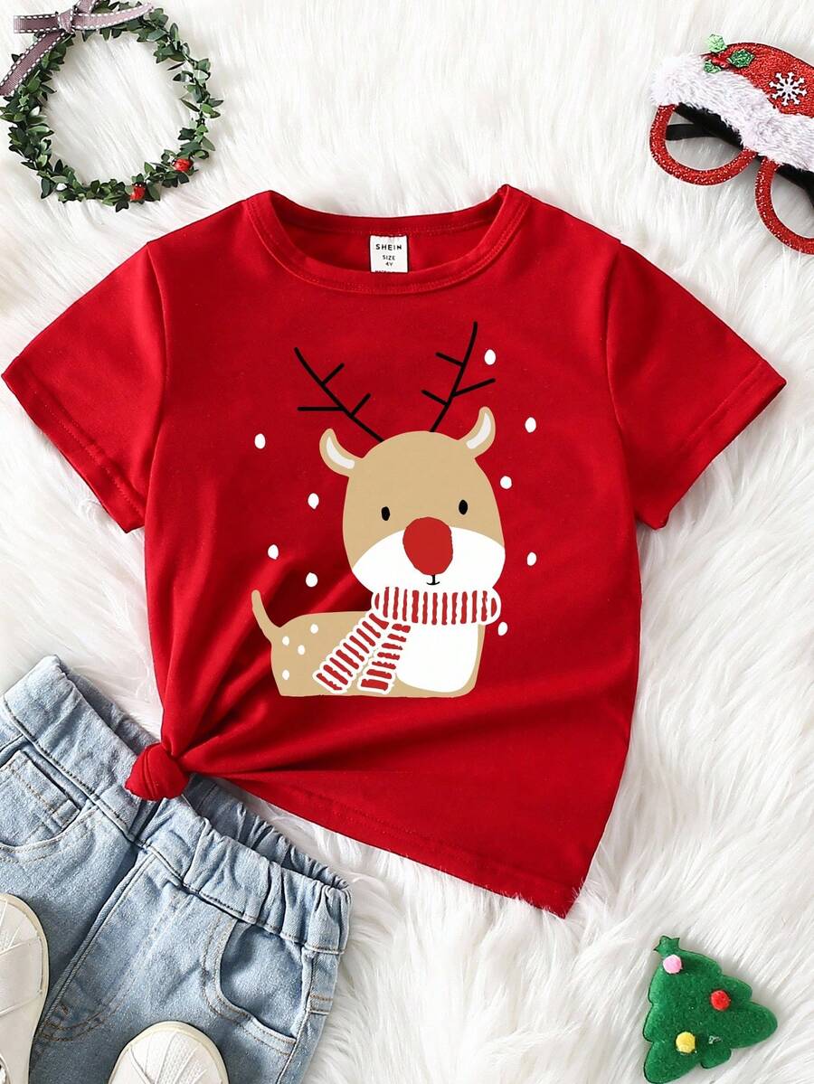 Merry Christmas Baby Girl Fashionable Cartoon Cute Reindeer & Snowflake Print Neck Warmer, Versatile & Comfortable Crew Neck Red Short Sleeve T-Shirt Suitable For Christmas Party Baby Girl Red N White T Shirts Red Toddler Shirt Girl Toddler Graphic Tees Cute Toddler Tops