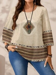 EMERY ROSE Plus Size Women Casual All-Over Print Round Neck Loose 3/4 Sleeve Shirt, ,Flower/Spring/Summer/Vacation Fall - Khaki - View 3