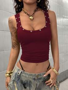 StreetHx Women's Punk Style Corset Decor Ruched Camisole - Red - View 6