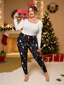 SHEIN Essnce Plus Size Women's Autumn And Winter Fashion Casual High Elastic Comfortable Santa Claus Print Black Leggings With Pockets, Festival Clothes,Curve Pants,Fall Outfits,Christmas Outfit For Women Plus Size Christmas Leggings Christmas Outfit Women