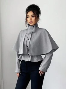 Elenzga Áo khoác nữ dáng dài cổ cao màu đen và trắng họa tiết răng sói, thiết kế tối giản, đa năng, chuyên nghiệp, thanh lịch, thời trang thu đông - Đen và trắng - Xem 5