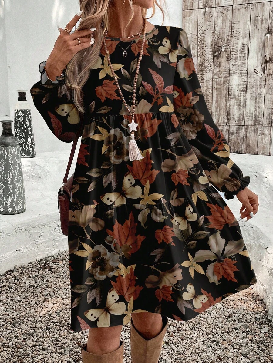 EMERY ROSE Abito midi casual da donna a maniche lunghe con collo rotondo e stampa a foglie d'acero, adatto per l'autunno/inverno - Multicolore - Visualizzare 1