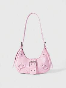 ROMWE Grunge Punk 輕便商務休閒簡約 Hobo 包中扣裝飾粉紅色適合青少年女孩女大學生、菜鳥和白領非常適合辦公室、大學、工作、商務、通勤、戶外、旅行、郊遊 - 粉色 - 查看 1