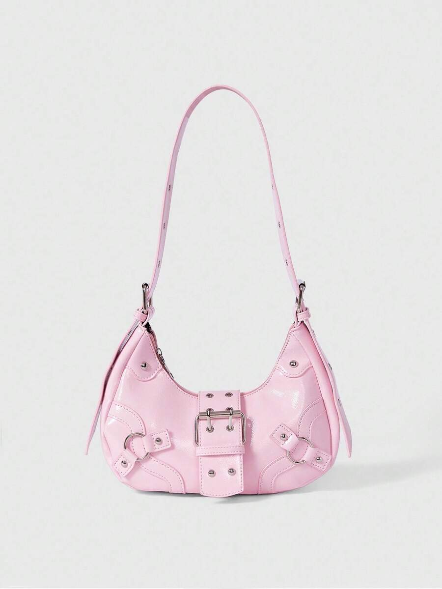 ROMWE Grunge Punk 輕便商務休閒簡約 Hobo 包中扣裝飾粉紅色適合青少年女孩女大學生、菜鳥和白領非常適合辦公室、大學、工作、商務、通勤、戶外、旅行、郊遊 - 粉色 - 查看 1