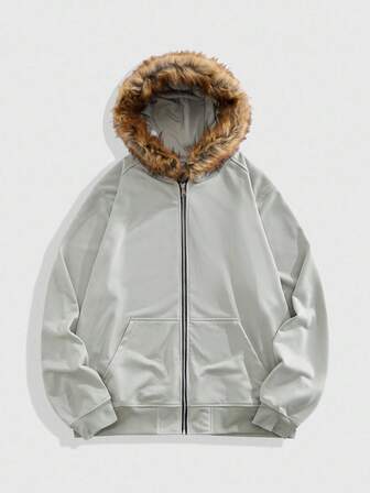 Street Life Felpa con cappuccio casual da uomo, con chiusura lampo e inserti in finta pelliccia, stile patchwork, adatta per l'autunno/inverno