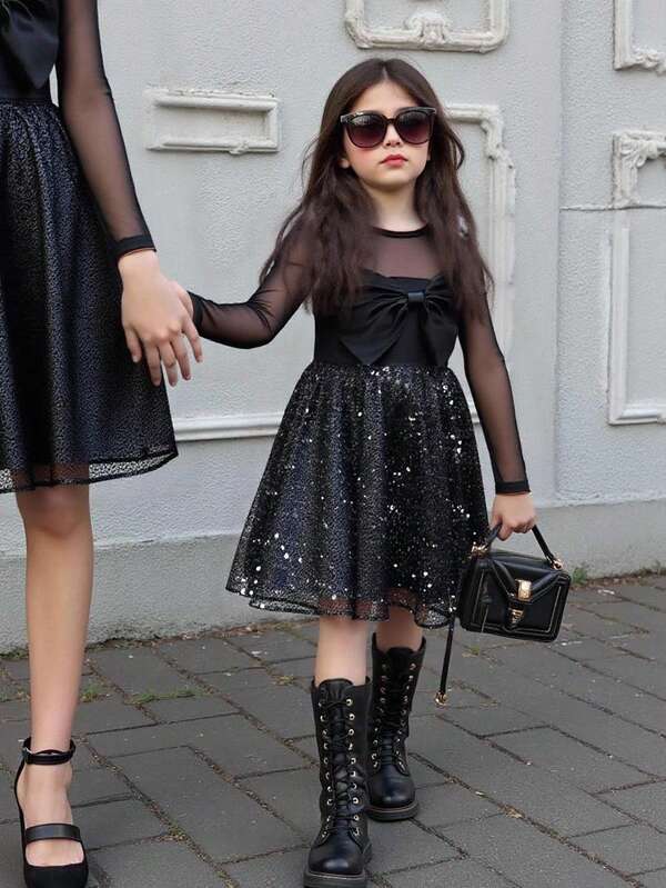 Young Girl Fashion Party Mesh Patchwork Sequin Bow Decor Dress