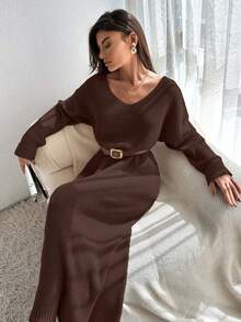 EURMUSE Satin Ribbon Detail On Back Dress Elegant Cute Simple Casual Street - Brown - View 7