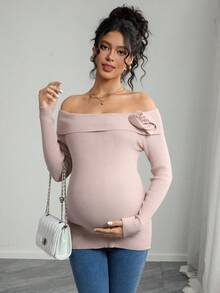 SHEIN Elegant Maternity Foldover Off Shoulder Sweater, Simple Solid Color 3D Floral Design, Suitable For Spring And Autumn - Apricot - View 4