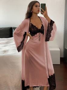 DAZY Conjunto de pijama para mujer: Bata con cinturón de encaje de color contrastante y camisón de dormir de otoño e invierno - Rosa vieja - Ver 4