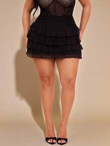 SHEIN BAE Plus Size Women's Black Ruffle Hem A-Line Skirt,Autumn 70's Party Rave Style,Casual Plain Color Curve Homecoming Wedding Guest Formal Skirt - Black - View 6