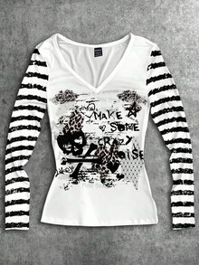 Attitoon 女士V领休闲百搭复古条纹朋克哥特骷髅豹纹字母印花修身长袖T恤，适合叠穿、机场、Y2K、时尚 - 白色 - 查看 1