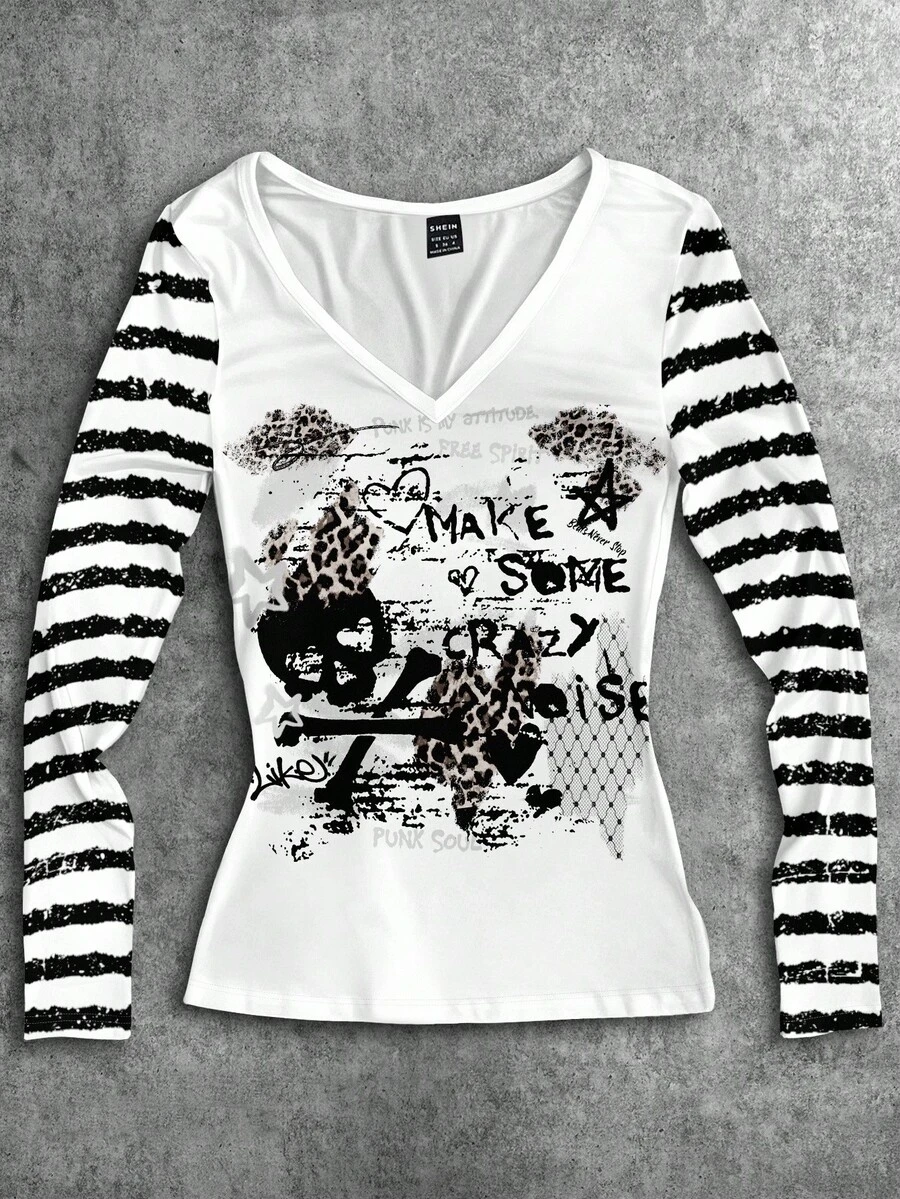 Attitoon 女士V领休闲百搭复古条纹朋克哥特骷髅豹纹字母印花修身长袖T恤，适合叠穿、机场、Y2K、时尚 - 白色 - 查看 1