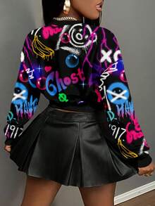 Slaydiva 女士时尚涂鸦印花短款运动衫，秋季 - 彩色 - 查看 7