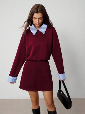 Hanevo 女式有领条纹拼接长袖运动休闲学院风连衣裙