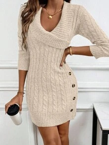 EMERY ROSE Vestido de suéter de manga larga con cuello cómodo - Albaricoque - Ver 3