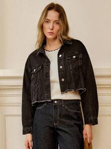 Écloséra 素色毛邊下擺落肩牛仔夾克 - 黑色 - 查看 4