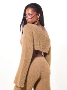 SUMWON WOMEN 蓬松针织毛绒泰迪熊短款上衣星星印花魅力派对休闲舒适冬季节日礼物舒适上衣 - 軍綠色 - 查看 5