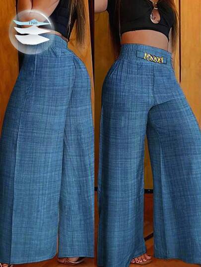 Breezaya Pantalones anchos de pierna ancha con cadena de metal azul casual para mujer, ropa de otoño