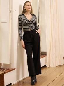 lacRébo Jersey Monochrome Stripe Long Sleeve Button Front Fitted Fall Autumn Office Top Business Casual Top - Multicolor - View 1