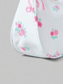ROMWE Kawaii 1buc nailon alb cu imprimeu floral cu fermoar geantă de umăr casual, versatilă și la modă pentru femei uz zilnic
