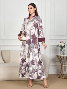 Al Najma 女士优雅印花长袖土耳其束腰外衣 - 紫色 - 查看 5
