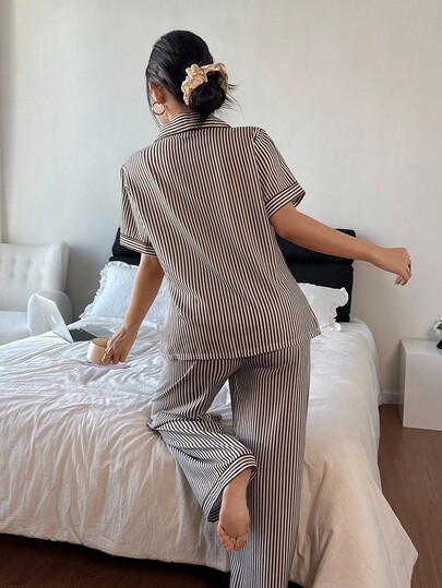 Gestreepte Collar Short Sleeve Pajama Set Curve Pyjama Women Dress Sleep Wear Coffee Woman view 2