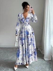 Elenzga 女式碎花灯笼袖中长连衣裙，法式浪漫设计，修身腰身，性感V领，适合约会、派对，可与夹克叠穿 - 藍色 - 查看 6