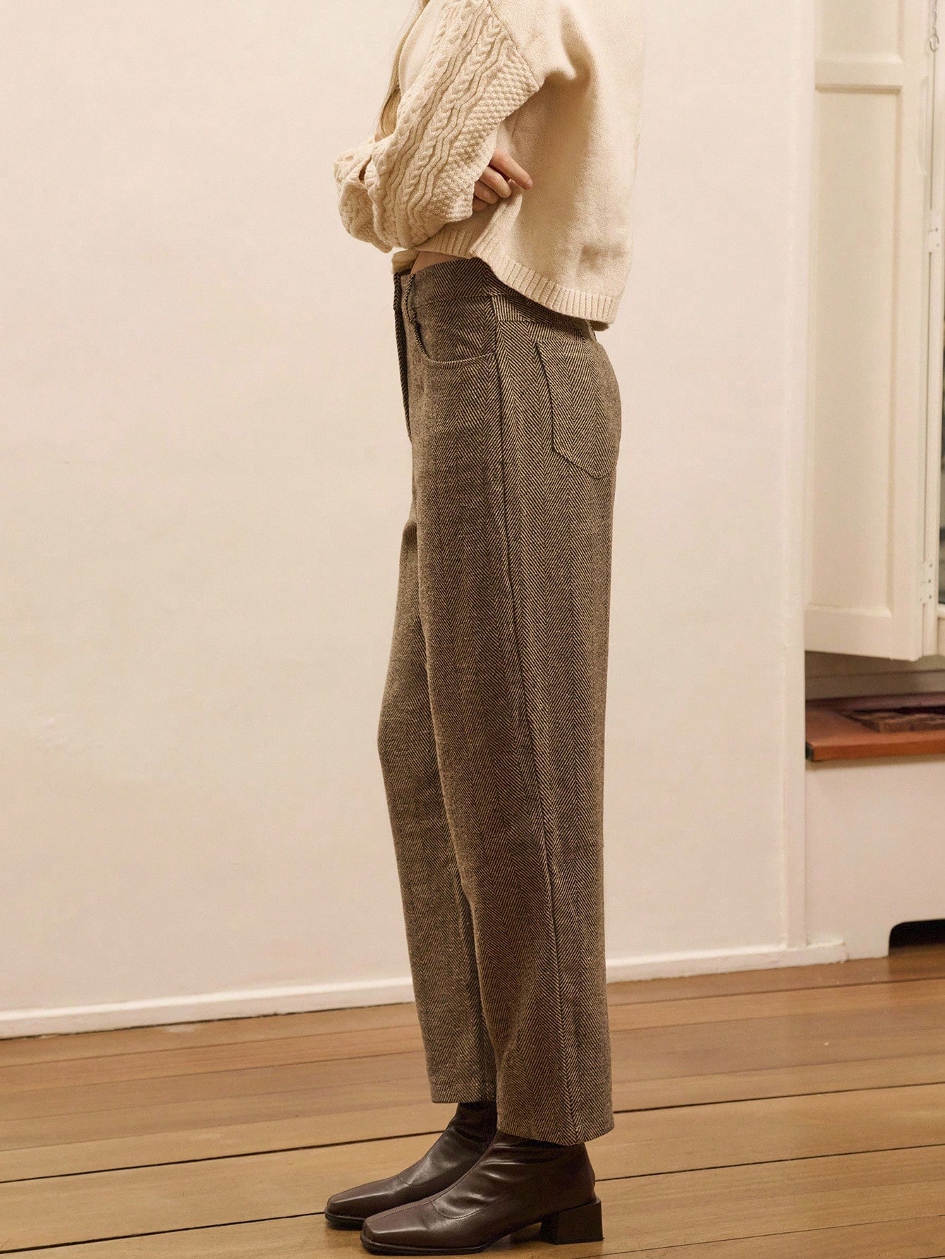 Braune Fischgrät-Hose mit hoher Taille, elegante Premium-Hose für Frühling und Sommer, Business-Lässig, französischer Stil