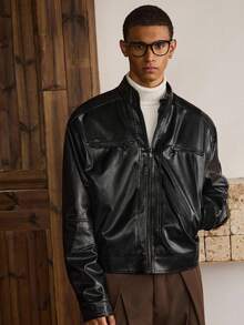 SWAVVY Men's Solid Color Zip-Up Long Sleeve PU Leather Jacket, Fashionable For Autumn/Winter, Grunge - Black - View 7