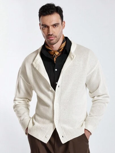 Manfinity CityGents Men's Solid Color Front Button Casual Versatile Long Sleeve Cardigan Parka, Fall/Winter