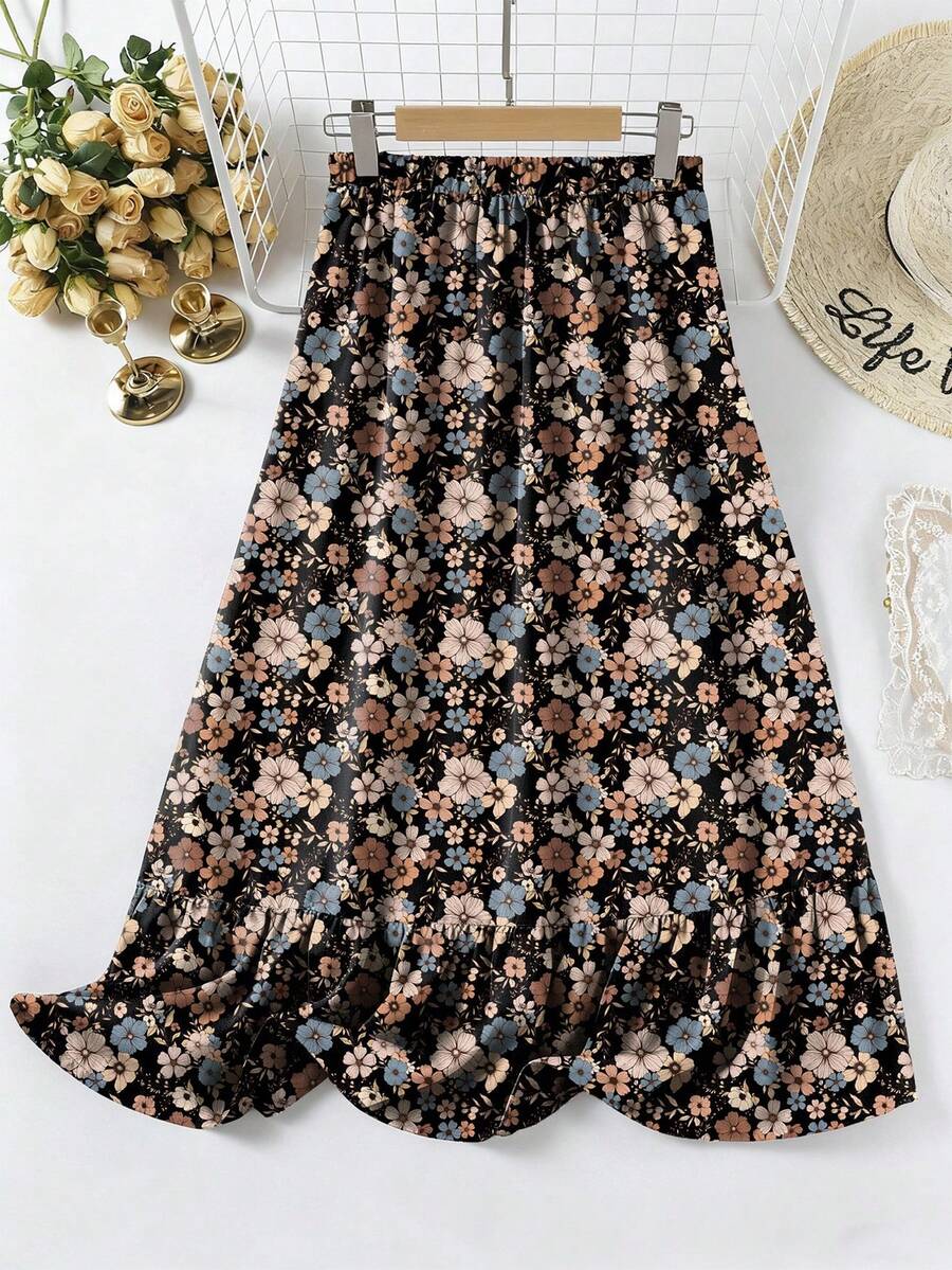 SHEIN LUNE Plus Size Women Floral Ruffle Hem Skirt, Valentine Gift, Love/Lover, Western Wear, Boho, Hippie, Cowgirl, Bohemian, Festival,Summer, Spring Break, Modesty Boho Long Floral Skirt - Multicolor - View 1