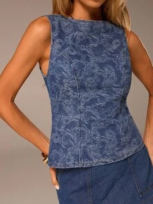 Avantive Áo denim không tay họa tiết jacquard màu xanh dương dành cho nữ, áo nữ dự tiệc, áo denim kiểu cao bồi, áo kiểu miền Tây, áo màu xanh hoàng gia dành cho nữ. - Màu xanh lam - Xem 5