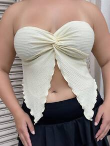 Nezia Cruz Damen Resort-Stil senfgelbes strukturiertes Bandeau-Top mit Twist-Detail vorne, figurbetontes Top mit Rüschenbesatz. Geeignet für Afternoon Tea, Straßenmode, Urlaub, Layering oder Partytragen, Herbst/Winter - Gelb - Übersicht 6