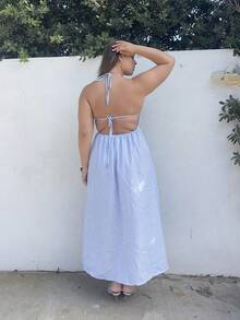 Nezia Cruz 夏季新款女士V领条纹A字连衣裙 - 藍白色 - 查看 2