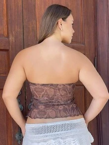 Nezia Cruz Top tubo de malla de punto con estampado, hombros descubiertos y bajo asimétrico, para vacaciones de señoras - Marrón - Ver 2